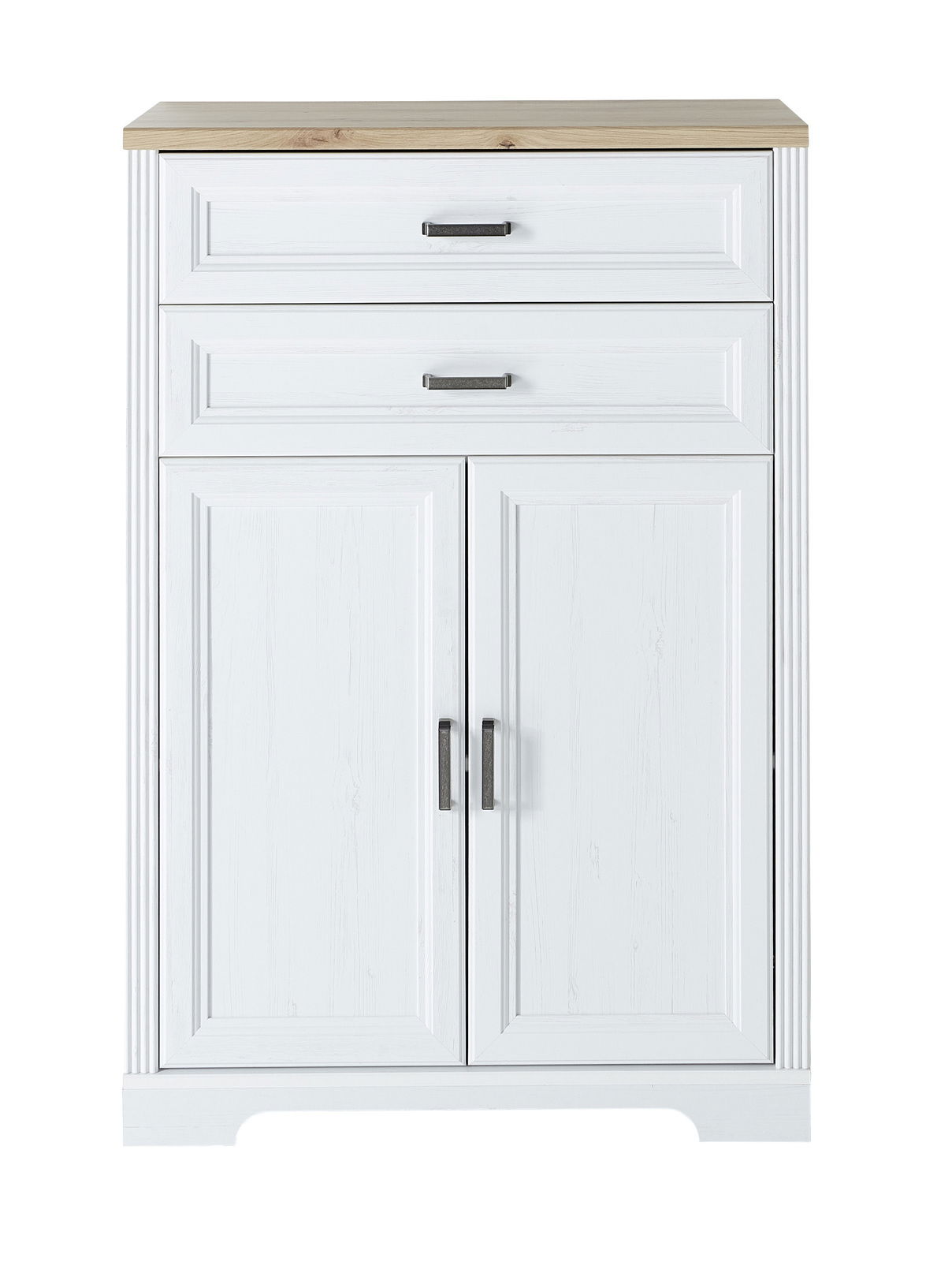Weißer Kombischrank mit zwei Schubladen und zwei Türen, Holzoberfläche, Frontalansicht