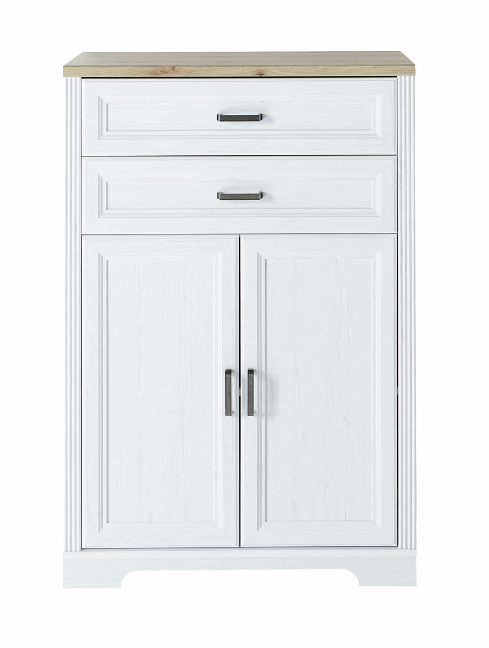 Landscape Kombischrank niedrig JUDITH Weißer Kombischrank mit zwei Schubladen und zwei Türen, Holzoberfläche, Frontalansicht
