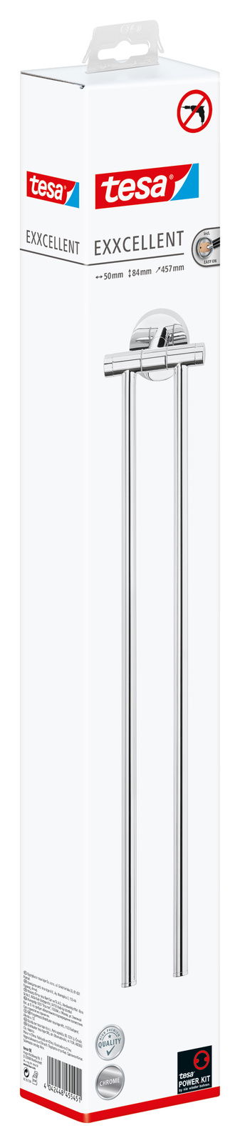 Verpackung des tesa Exxcellent Handtuchhalters in Frontalansicht, zeigt das Produkt ohne Bohren Symbol und Power Kit Hinweis.