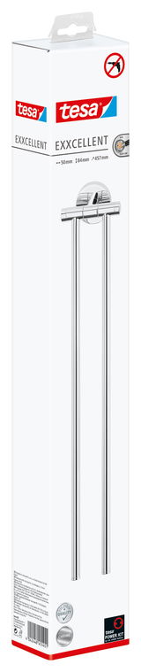 Verpackung des tesa Exxcellent Handtuchhalters in Frontalansicht, zeigt das Produkt ohne Bohren Symbol und Power Kit Hinweis.