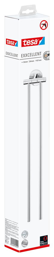 Verpackung des tesa Exxcellent Handtuchhalters in Frontalansicht, zeigt das Produkt ohne Bohren Symbol und Power Kit Hinweis.
