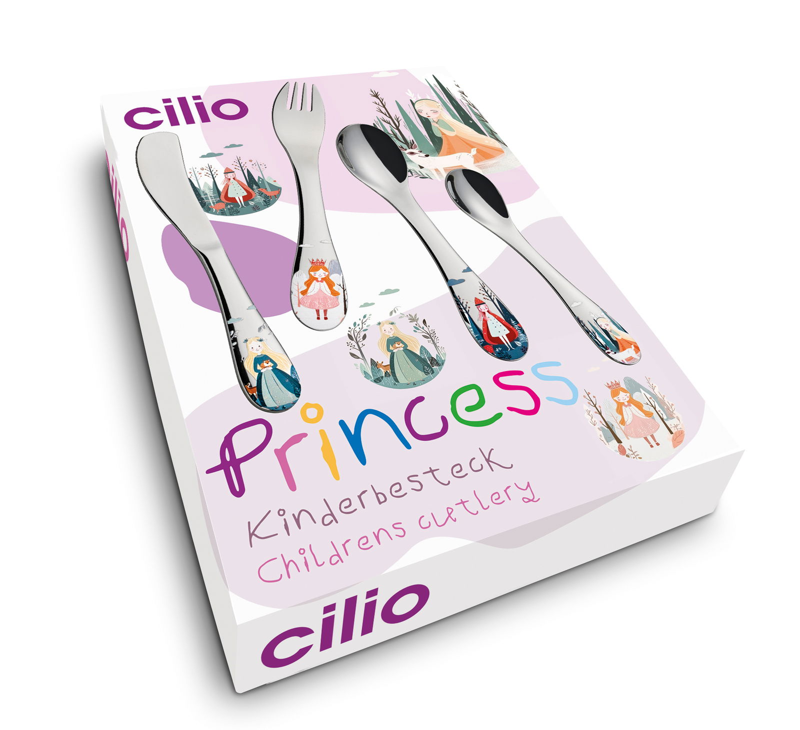 Kinderbesteck PRINCESS 4-tlg. in Verpackung mit Prinzessinnenmotiven, perspektivisch von oben fotografiert.