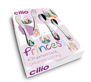 Kinderbesteck PRINCESS 4-tlg. in Verpackung mit Prinzessinnenmotiven, perspektivisch von oben fotografiert.