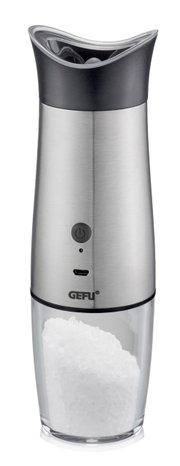 Elektrische Salz- und Pfeffermühle VELO aus Edelstahl und Kunststoff, frontal abgebildet mit sichtbarem Ein-/Ausschalter und USB-Anschluss.