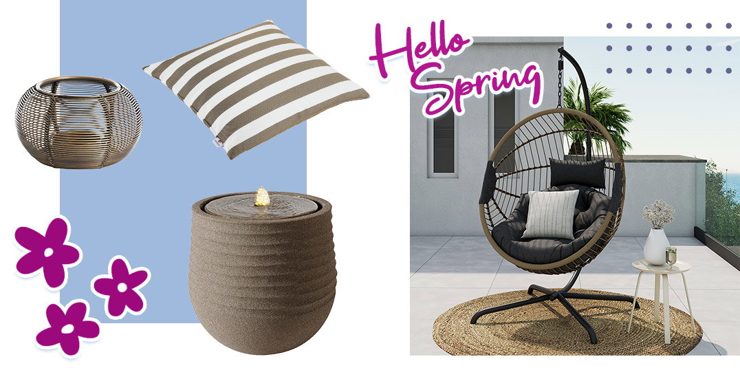 Moderner Balkon mit Hängesessel, Zierkissen, Beistelltisch, Windlicht und dekorativem Zimmerbrunnen im Frühlingslook