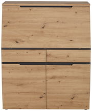 Frontale Ansicht eines modernen Sekretärs aus Holz mit natürlicher Maserung und mehreren Schubladen.