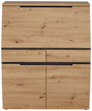 Frontale Ansicht eines modernen Sekretärs aus Holz mit natürlicher Maserung und mehreren Schubladen.