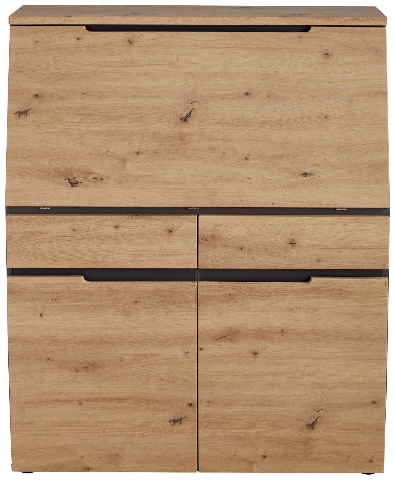 Frontale Ansicht eines modernen Sekretärs aus Holz mit natürlicher Maserung und mehreren Schubladen.