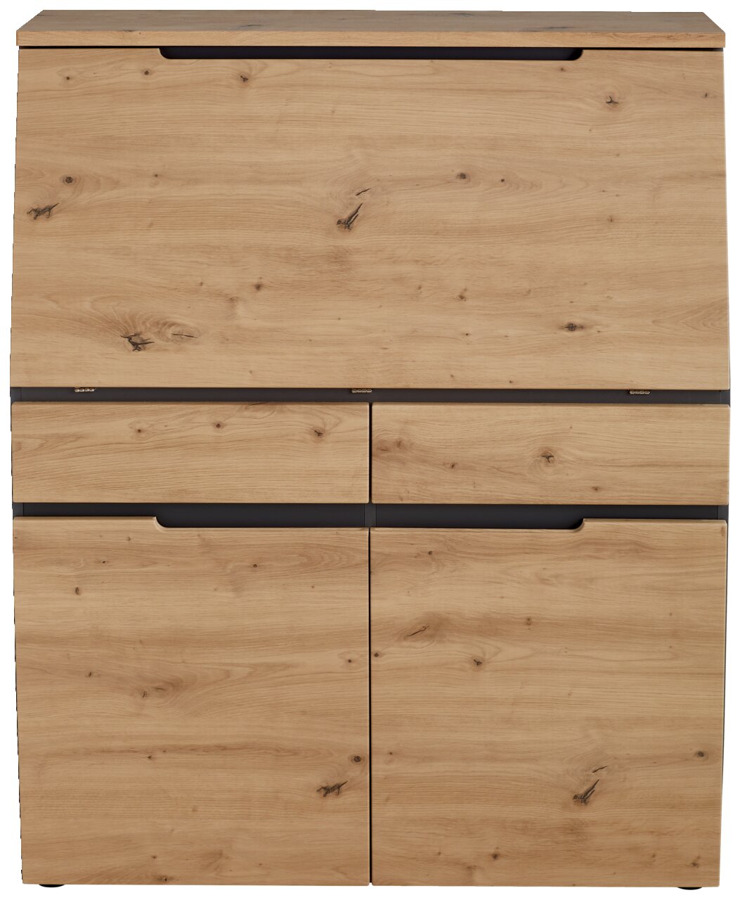 Frontale Ansicht eines modernen Sekretärs aus Holz mit natürlicher Maserung und mehreren Schubladen.