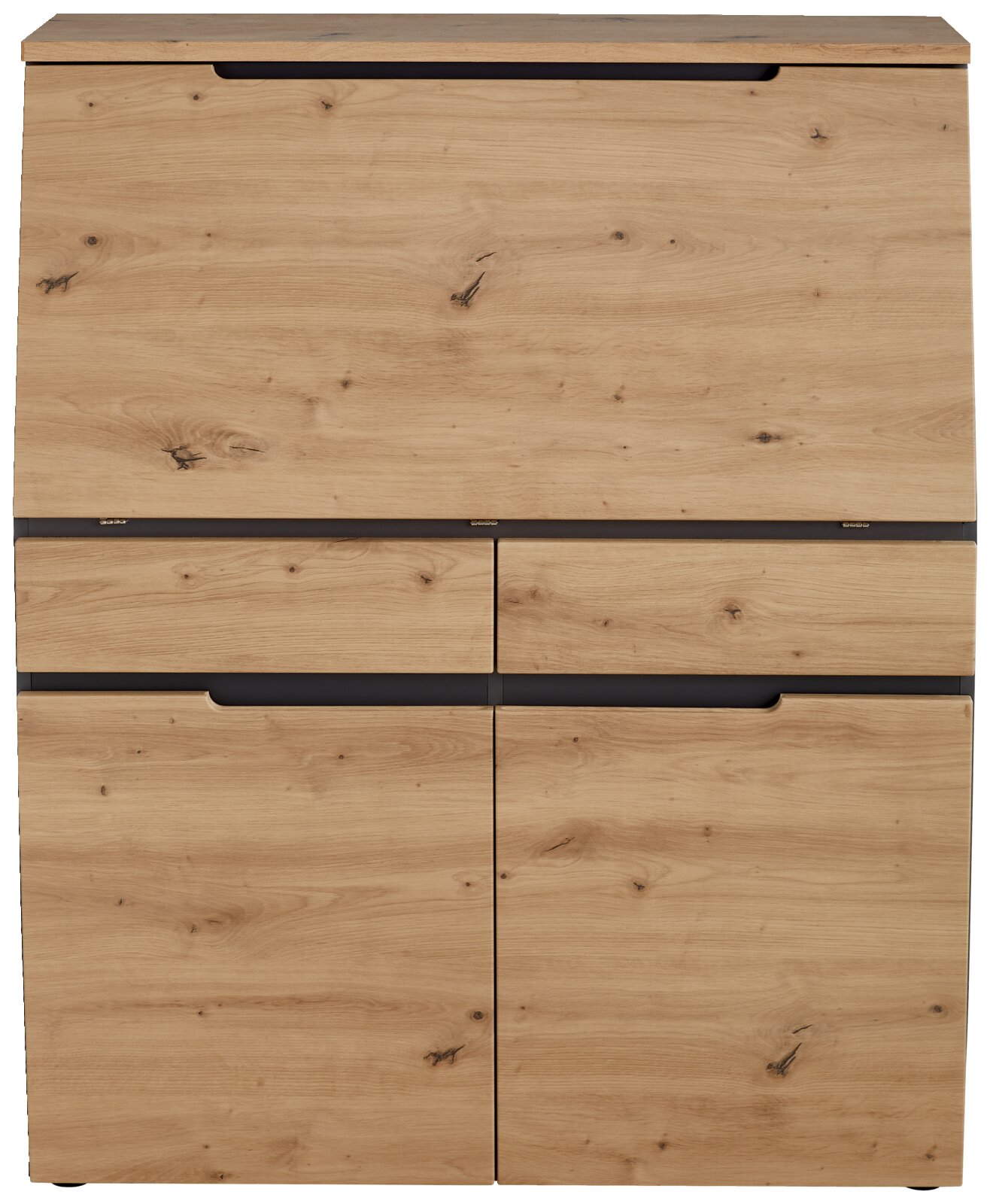 Frontale Ansicht eines modernen Sekretärs aus Holz mit natürlicher Maserung und mehreren Schubladen.
