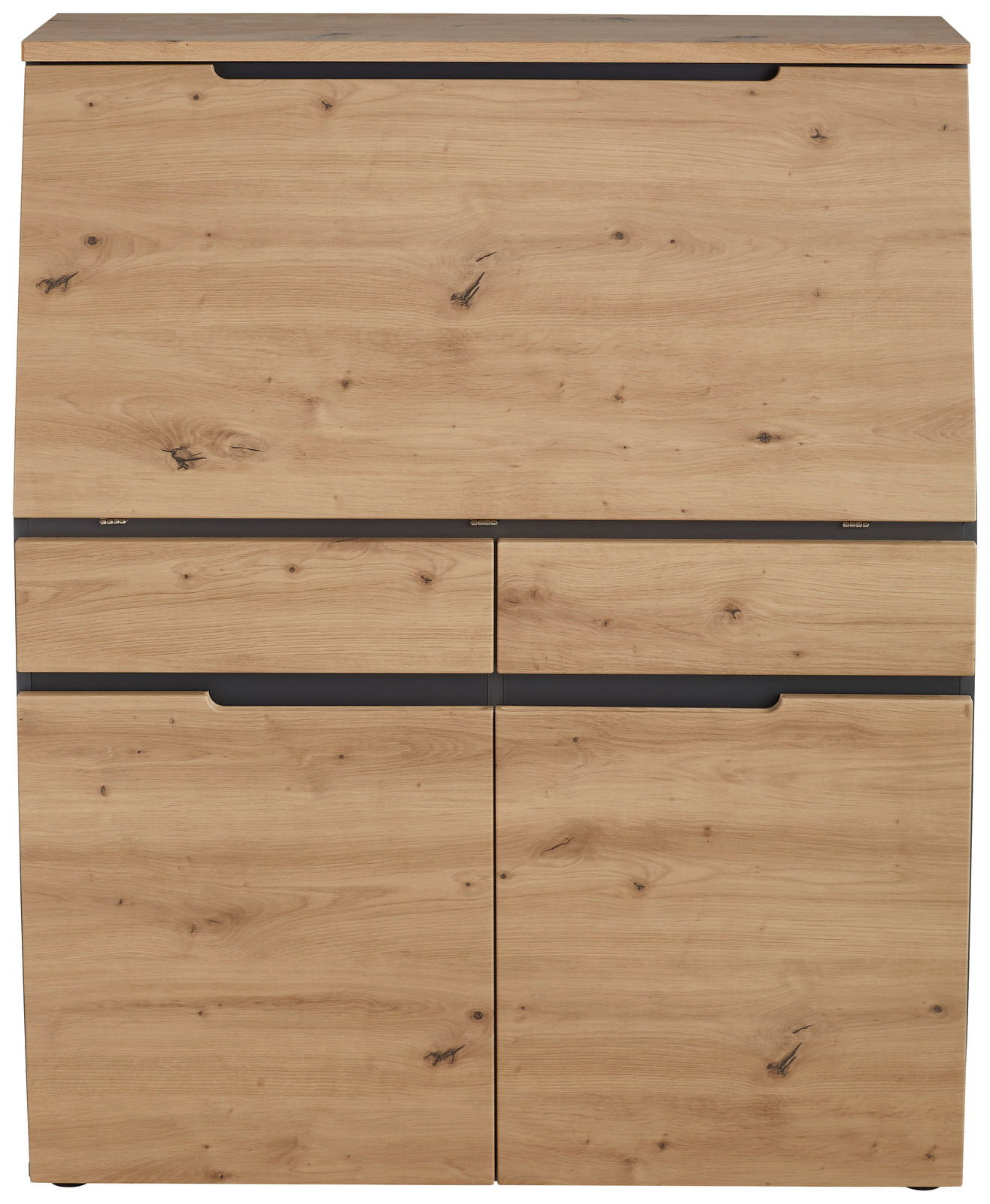 Frontale Ansicht eines modernen Sekretärs aus Holz mit natürlicher Maserung und mehreren Schubladen.