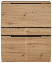 Frontale Ansicht eines modernen Sekretärs aus Holz mit natürlicher Maserung und mehreren Schubladen.