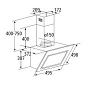 Technische Maßzeichnung einer Einbau-Dunstabzugshaube in Schrägansicht (isometrische Perspektive) mit geöffnetem Klapp-Glasfrontpanel; Maße u. a. Breite ca. 495 mm, Höhe 400–750 mm und Abluftanschluss Ø150.
