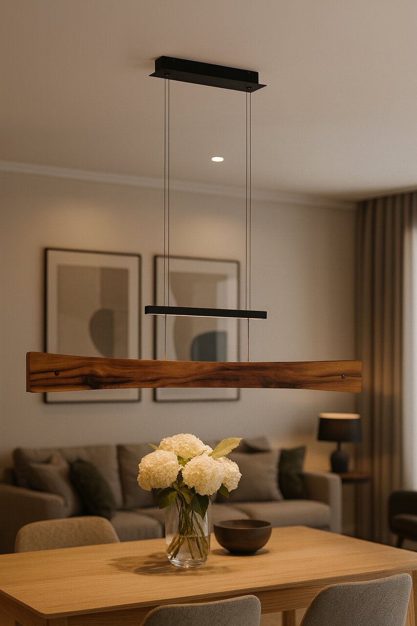 Moderne LED-Pendelleuchte aus Holz, von der Seite betrachtet, über einem Esstisch in einem stilvoll eingerichteten Wohnzimmer.