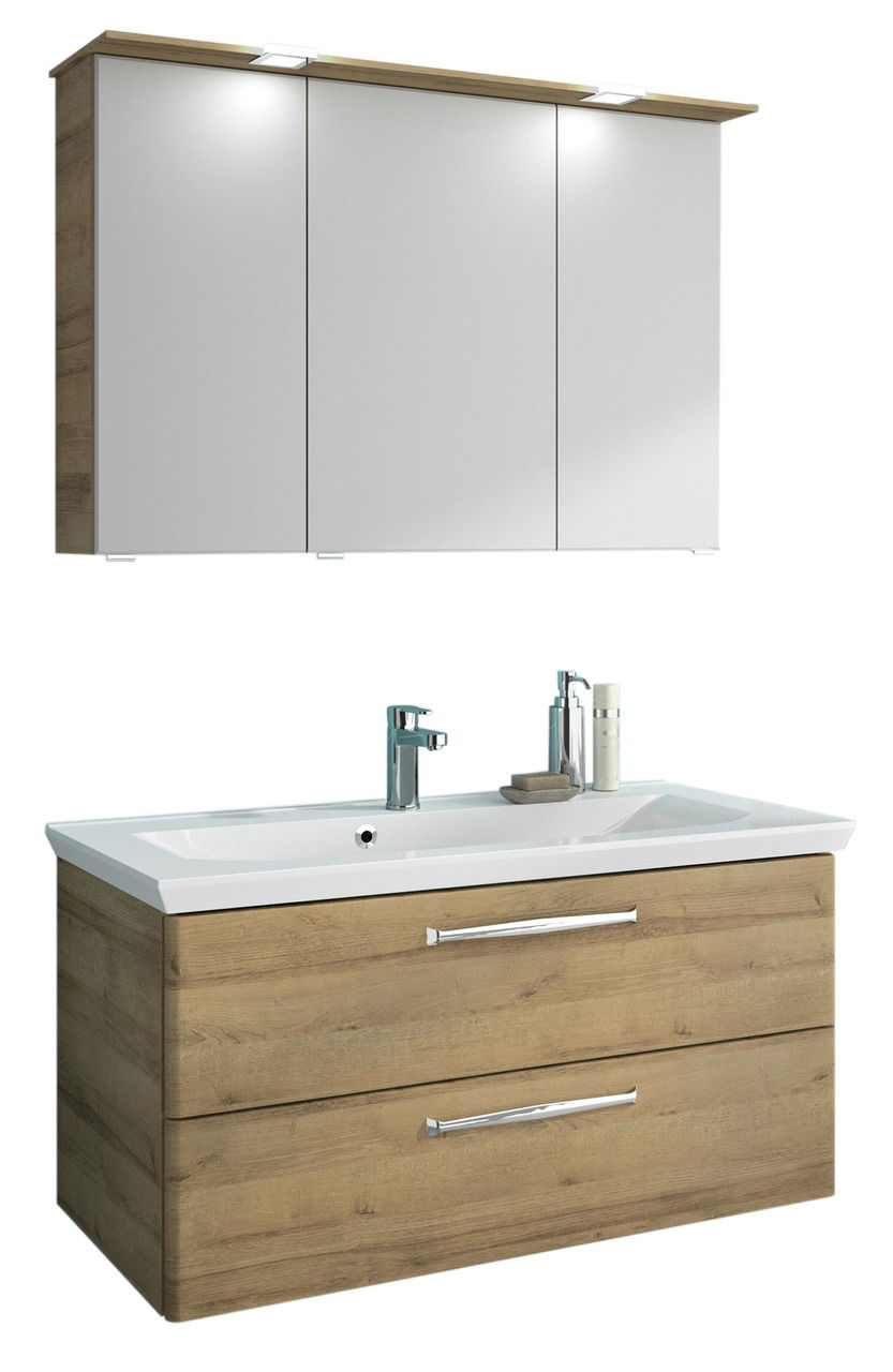 Moderner Badblock mit Holzoptik und weißem Waschbecken, Frontansicht