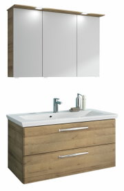 Moderner Badblock mit Holzoptik und weißem Waschbecken, Frontansicht