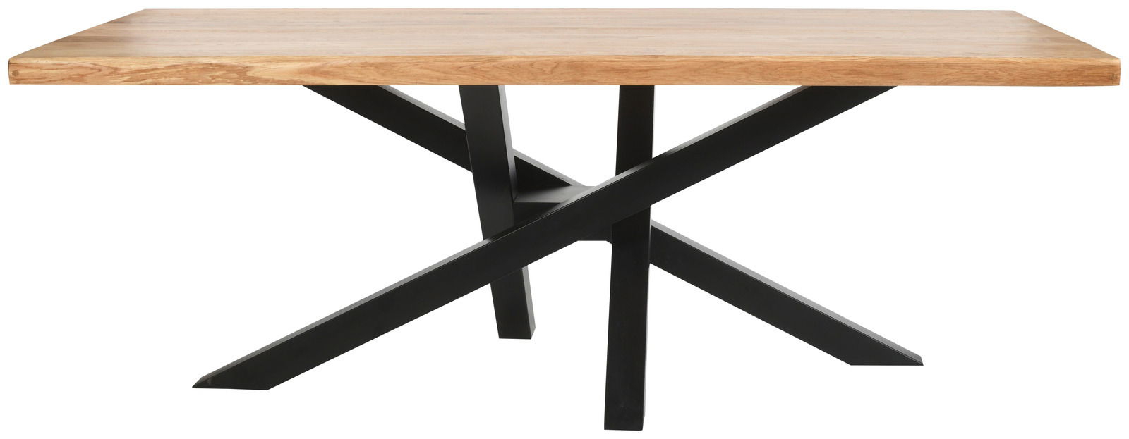 Moderner Esstisch mit Holzplatte und schwarzem Metallgestell, seitliche Perspektive