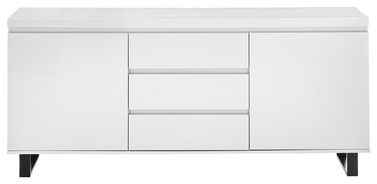 Weißes Sideboard mit zwei Türen und drei Schubladen, frontale Ansicht