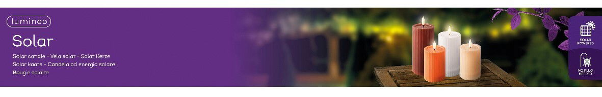 Drei Solar-Kerzen in verschiedenen Farben auf einem Holztisch, im Freien bei Nacht, mit unscharfem Hintergrund und lila Blättern im Vordergrund.