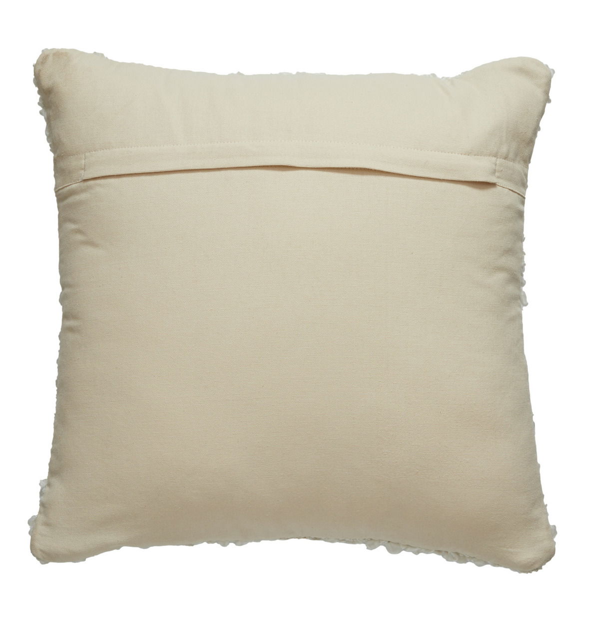 Rückansicht eines beigen Kissens 45x45 cm aus Bouclé-Stoff mit verdecktem Reißverschluss.