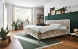 Modernes Polsterbett in einem hellen Schlafzimmer, seitliche Perspektive, mit grüner Wand und Pflanzen dekoriert.
