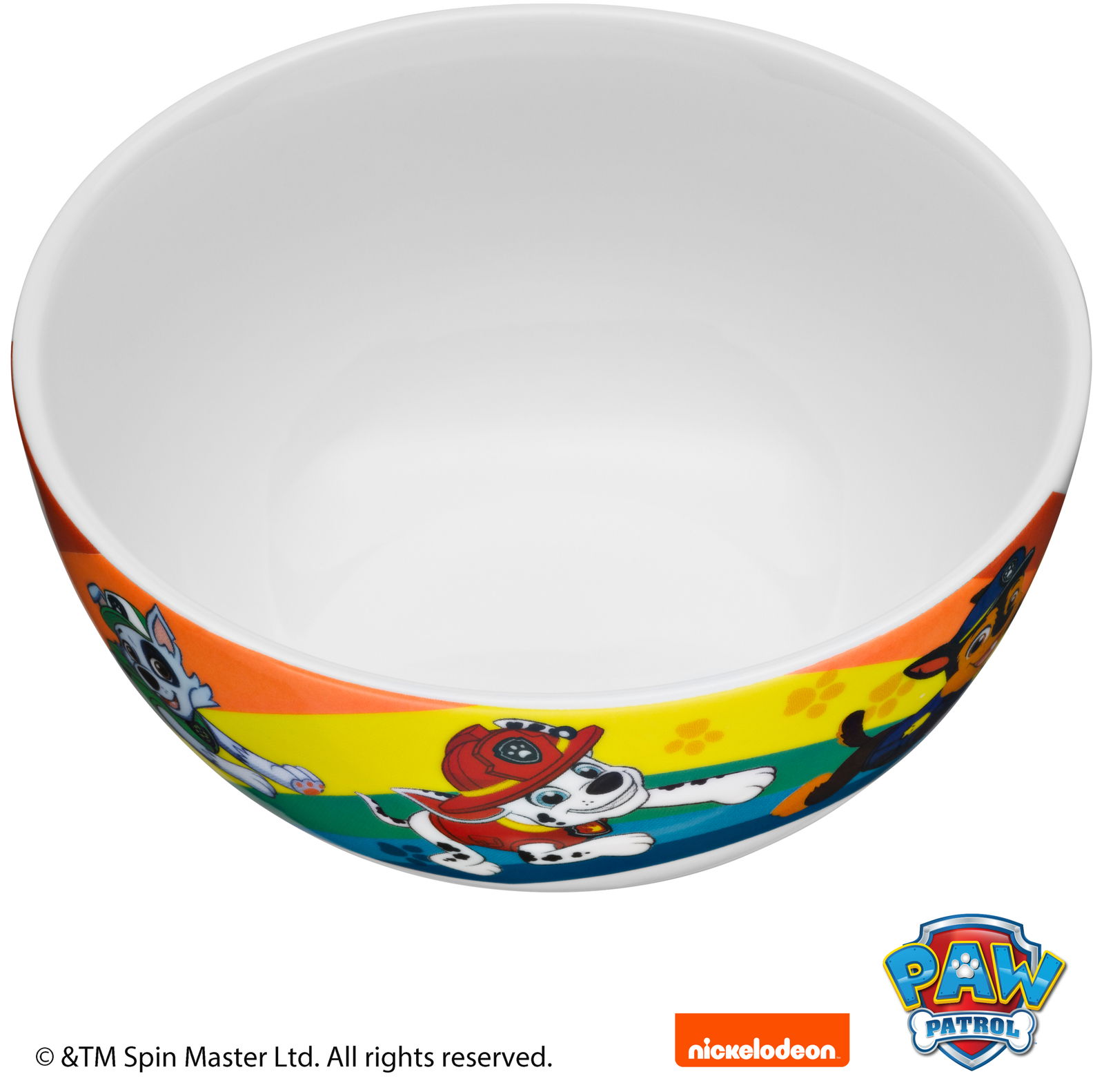 Bunte Kinderschüssel mit Paw Patrol-Motiven, seitliche Perspektive