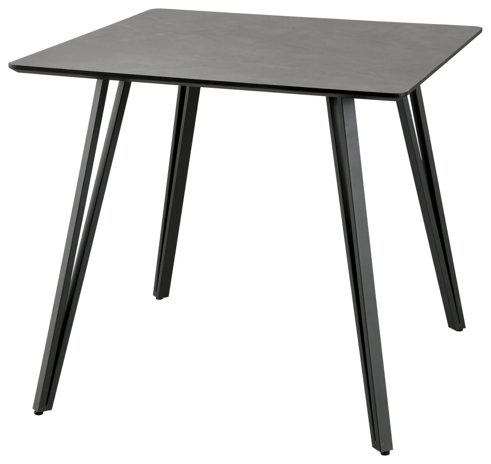Z2 Esstisch HILMAR Moderner quadratischer Esstisch aus dunklem Material mit schrägen Metallbeinen, seitliche Perspektive