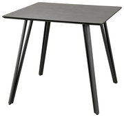 Moderner quadratischer Esstisch aus dunklem Material mit schrägen Metallbeinen, seitliche Perspektive