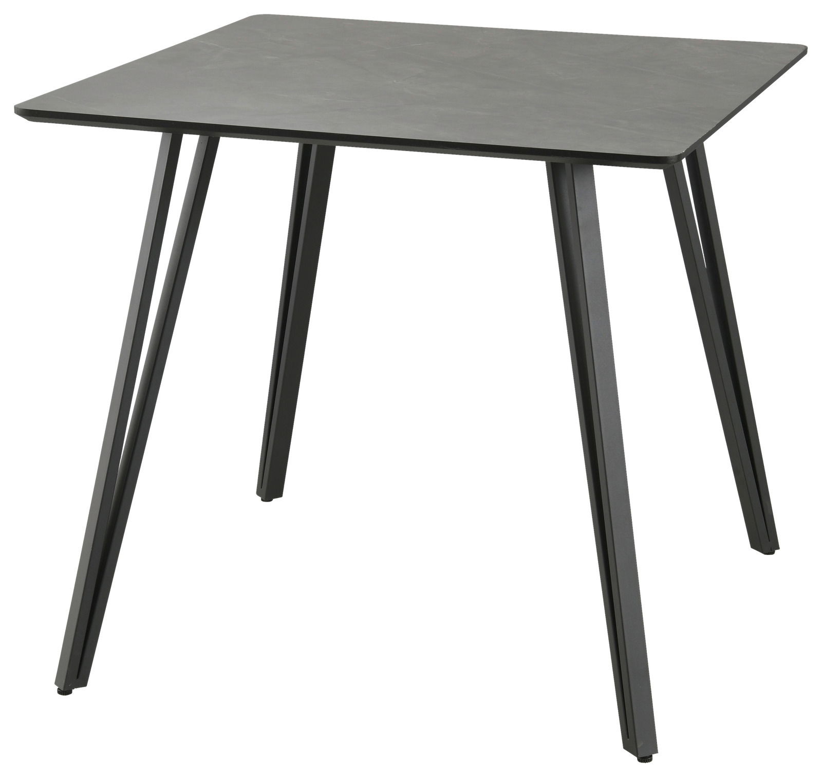 Moderner quadratischer Esstisch aus dunklem Material mit schrägen Metallbeinen, seitliche Perspektive