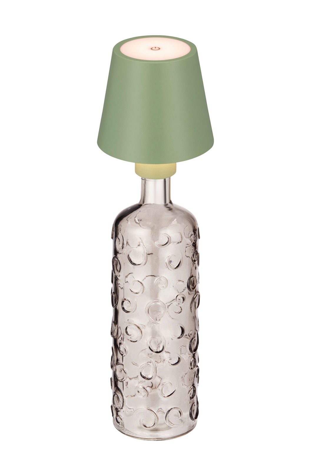 Akku-Tischleuchte mit grünem Lampenschirm und strukturiertem Glasfuß, seitliche Perspektive
