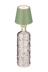 Akku-Tischleuchte mit grünem Lampenschirm und strukturiertem Glasfuß, seitliche Perspektive