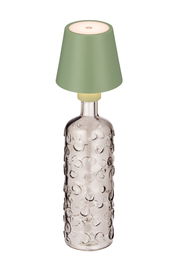 Akku-Tischleuchte mit grünem Lampenschirm und strukturiertem Glasfuß, seitliche Perspektive