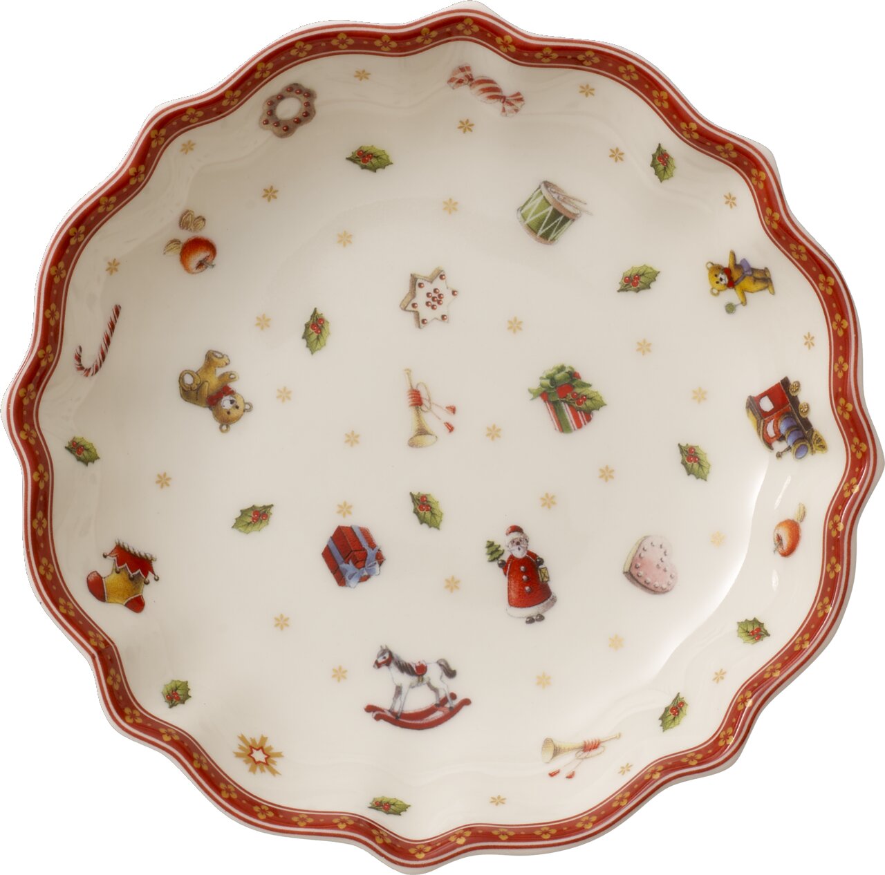Villeroy & Boch Schale TOY'S DELIGHT Kleine Schale mit weihnachtlichen Motiven, von oben betrachtet. Die Schale hat einen roten Rand und ist mit verschiedenen festlichen Symbolen wie Geschenken, Weihnachtsmann und Spielzeug dekoriert.