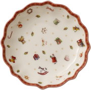 Kleine Schale mit weihnachtlichen Motiven, von oben betrachtet. Die Schale hat einen roten Rand und ist mit verschiedenen festlichen Symbolen wie Geschenken, Weihnachtsmann und Spielzeug dekoriert.