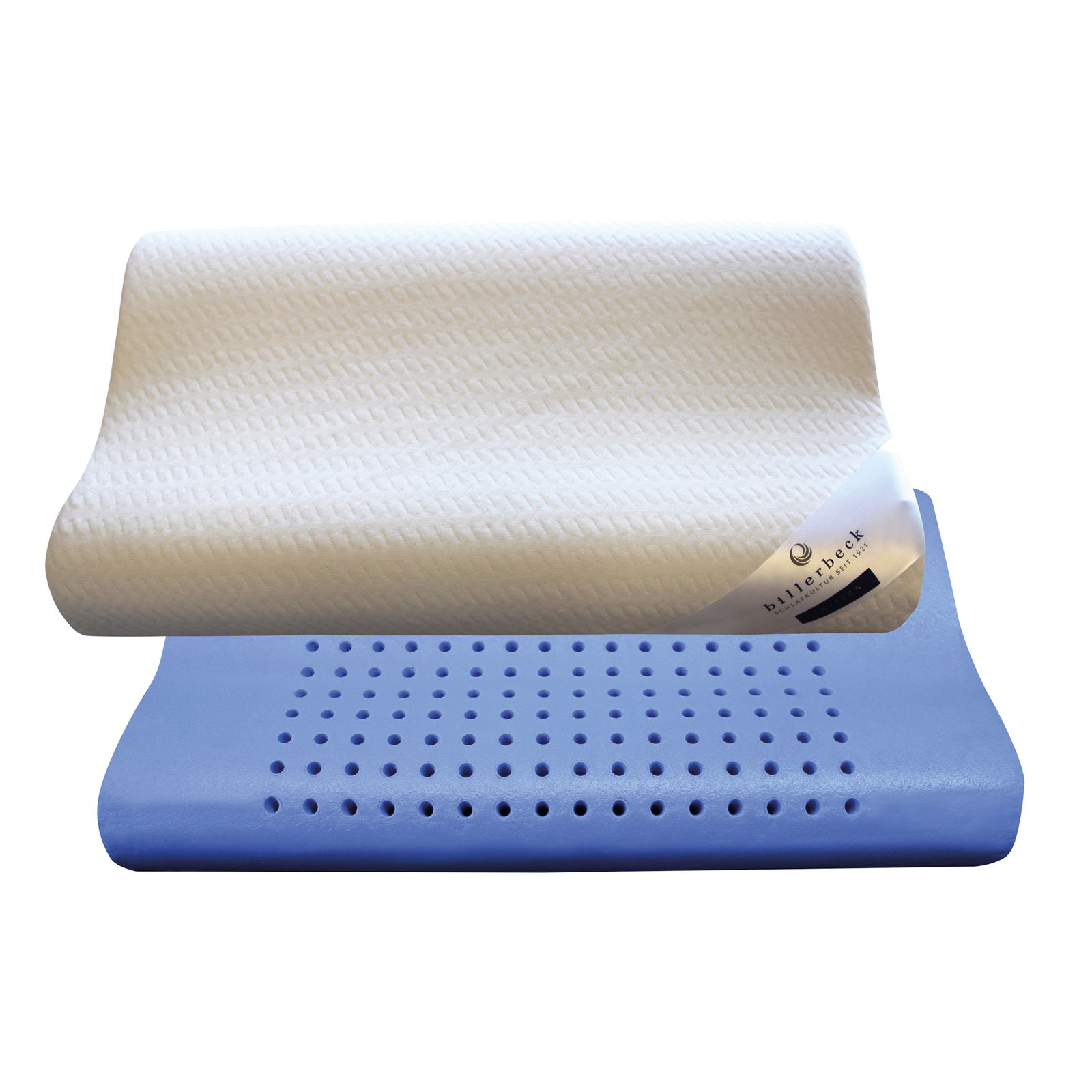 Nackenstützkissen in Seitenansicht mit weißem Bezug und blauer perforierter Schaumstoffbasis