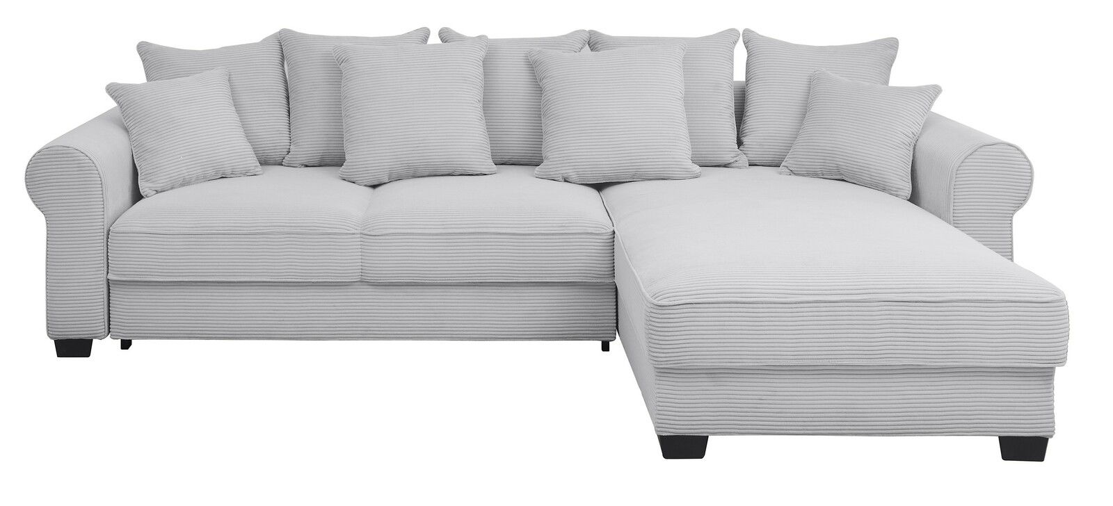 Graues Ecksofa mit mehreren Kissen, Vorderansicht