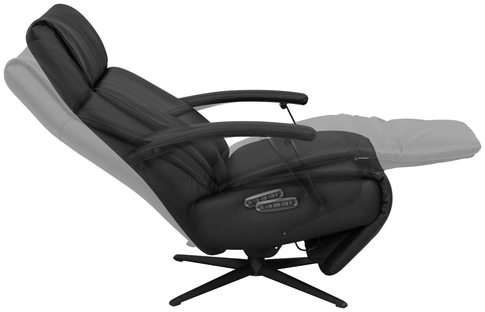 Seitliche Ansicht eines Relaxsessels in Liegeposition mit verstellbaren Armlehnen und Fußstütze.