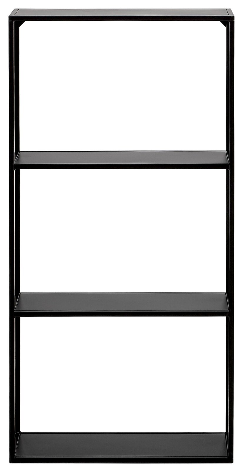 Schwarzes Wandregal mit drei Regalböden, frontale Ansicht