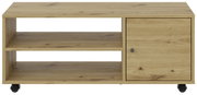 TV-Rollwagen aus Holz mit zwei offenen Regalfächern und einer Tür, auf Rollen, Frontalansicht