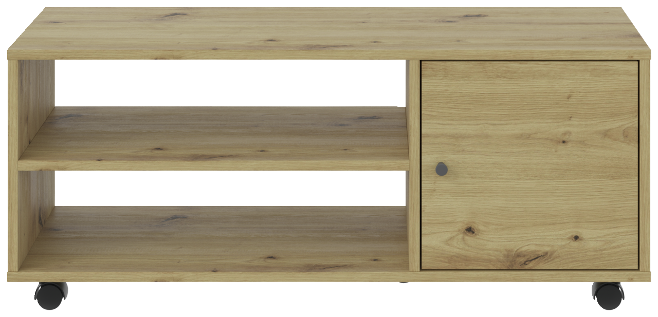 TV-Rollwagen aus Holz mit zwei offenen Regalfächern und einer Tür, auf Rollen, Frontalansicht