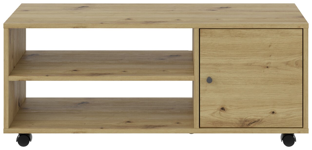 TV-Rollwagen aus Holz mit zwei offenen Regalfächern und einer Tür, auf Rollen, Frontalansicht