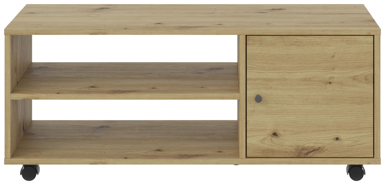 TV-Rollwagen aus Holz mit zwei offenen Regalfächern und einer Tür, auf Rollen, Frontalansicht