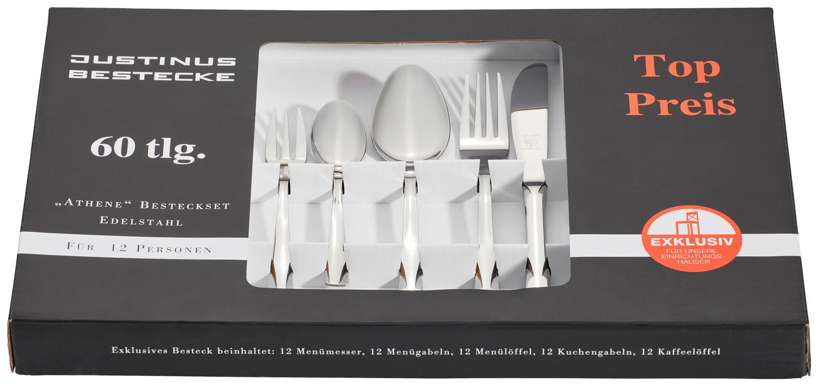 Verpackung des 60-teiligen Bestecksets 'Athene' aus Edelstahl von Justinus Bestecke, fotografiert aus der Vogelperspektive.