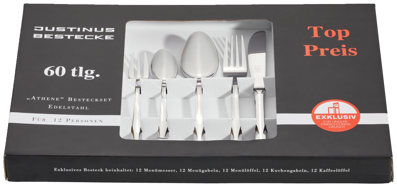 Verpackung des 60-teiligen Bestecksets 'Athene' aus Edelstahl von Justinus Bestecke, fotografiert aus der Vogelperspektive.