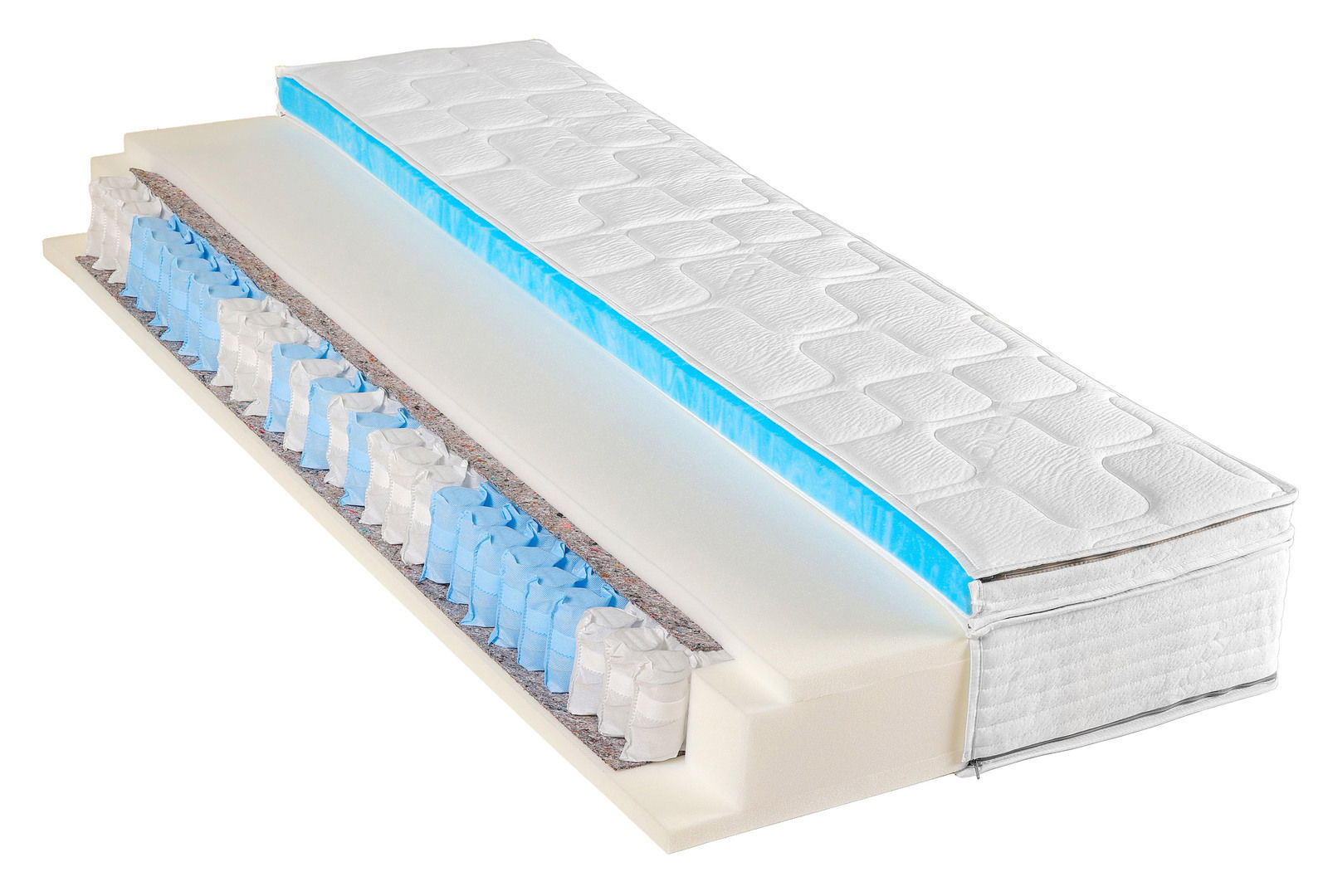 Querschnitt einer Taschenfederkernmatratze mit verschiedenen Schichten, darunter blaue und weiße Federn, aus seitlicher Perspektive.