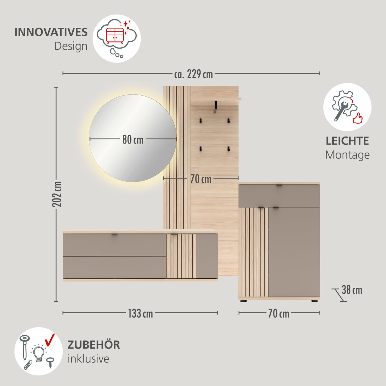 Wandgarderobe-Set in Holzoptik mit runder Spiegelplatte (Ø ca. 80 cm) und LED-Hinterleuchtung, vertikaler Paneelwand mit Haken, schwebender Kommode (ca. 133 cm) sowie Schuhschrank/Bank (ca. 70 cm), Gesamtbreite ca. 229 cm; Frontansicht.