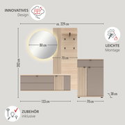 Wandgarderobe-Set in Holzoptik mit runder Spiegelplatte (Ø ca. 80 cm) und LED-Hinterleuchtung, vertikaler Paneelwand mit Haken, schwebender Kommode (ca. 133 cm) sowie Schuhschrank/Bank (ca. 70 cm), Gesamtbreite ca. 229 cm; Frontansicht.
