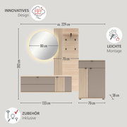 Wandgarderobe-Set in Holzoptik mit runder Spiegelplatte (Ø ca. 80 cm) und LED-Hinterleuchtung, vertikaler Paneelwand mit Haken, schwebender Kommode (ca. 133 cm) sowie Schuhschrank/Bank (ca. 70 cm), Gesamtbreite ca. 229 cm; Frontansicht.