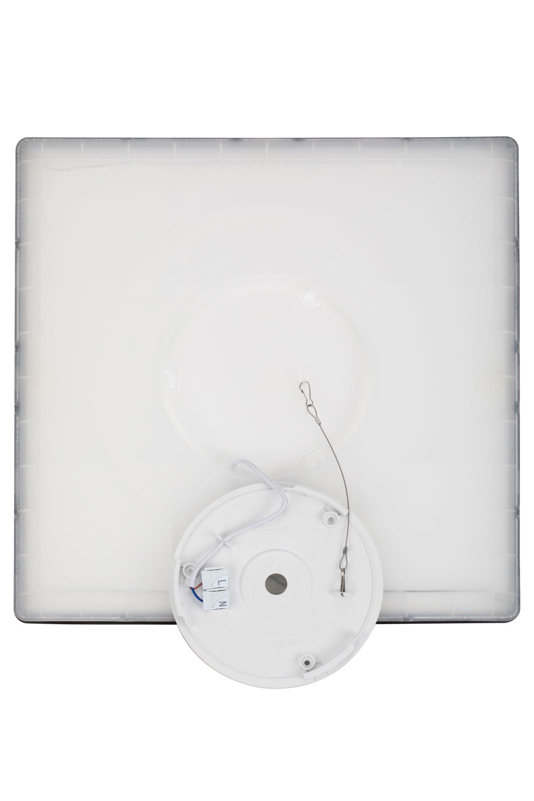 Quadratische LED-Deckenleuchte von oben mit sichtbarer Rückseite und Anschlusskabel.