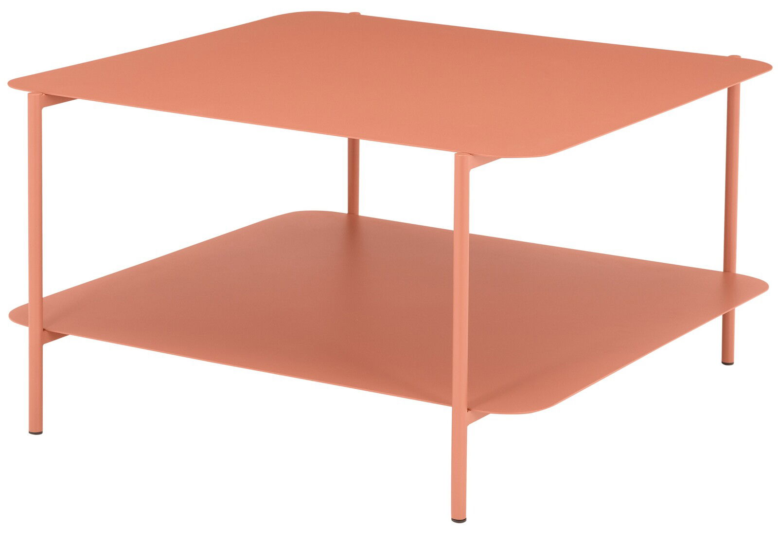 Moderner Beistelltisch in Terrakotta-Farbe mit zwei Ebenen, seitliche Perspektive